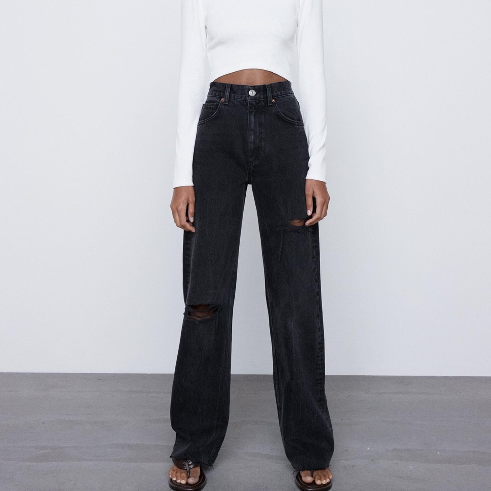 Zara Wide Leg Full Length Black Ripped Jeans
